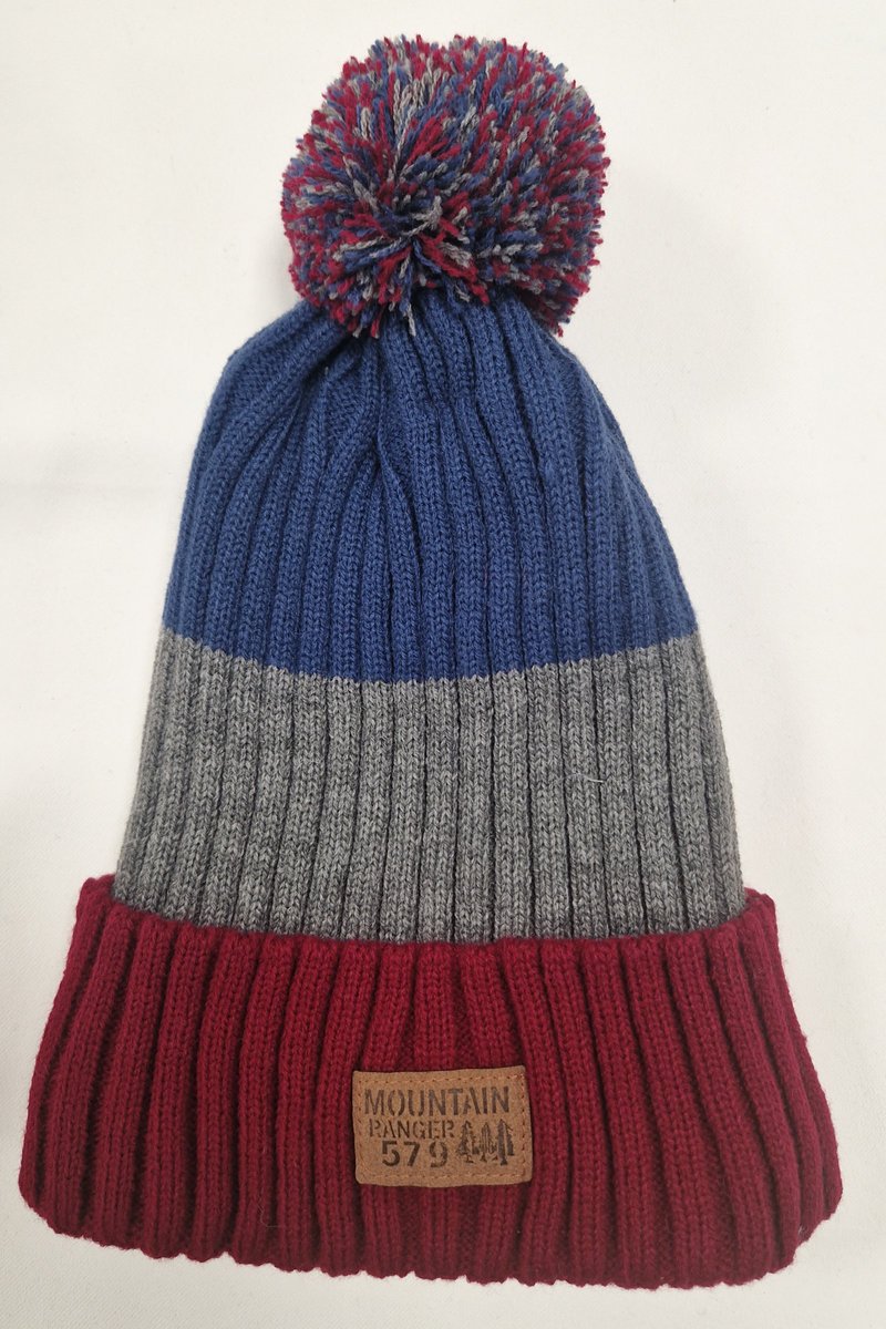 Czapka Chłopięca Zimowa z Pomponem Czerwono-Szaro-Niebieska