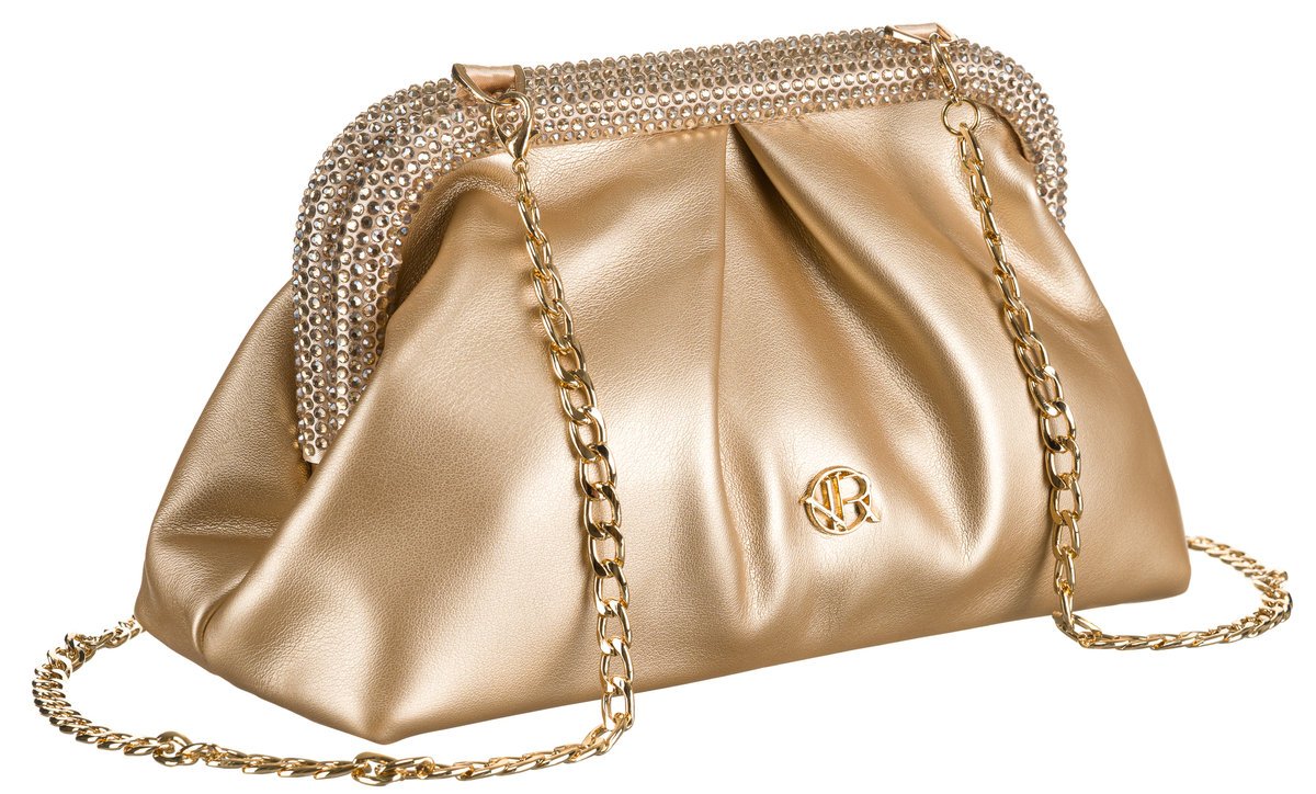 Wieczorowa torebka damska mała kopertówka z ozdobnym zapięciem złota wieczorowa elegancka do ręki lub na ramię łańcuszek ROVICKY skóra ekologiczna