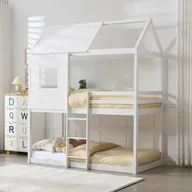 Łóżka dla dzieci i młodzieży - Łóżko piętrowe domek 2 x 90 x 190 cm - Drewno sosnowe i MDF - Biały + Materac - LIDOVARA - miniaturka - grafika 1