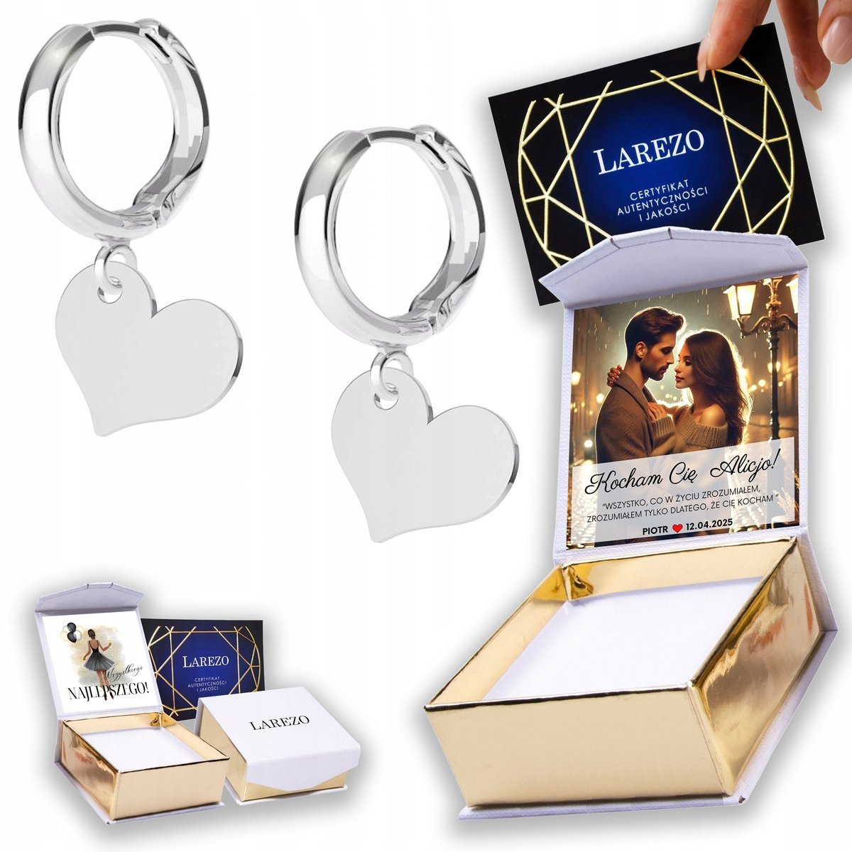 Kolczyki Srebrne 925 Blaszki Serca Małe Serduszka Heart Miłość NADRUK