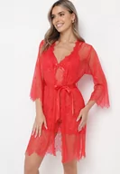 Szlafroki damskie - Czerwony Wiązany Szlafrok ze Stringami Francolla - miniaturka - grafika 1