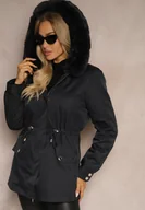 Kurtki damskie - Granatowa Kurtka Typu Parka z Kapturem i Futerkiem z Możliwością Odpięcia Marindria - miniaturka - grafika 1