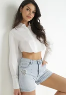 Spodenki damskie - Jasnoniebieskie Jeansowe Szorty w Cyrkonie i Perły Karmel - miniaturka - grafika 1