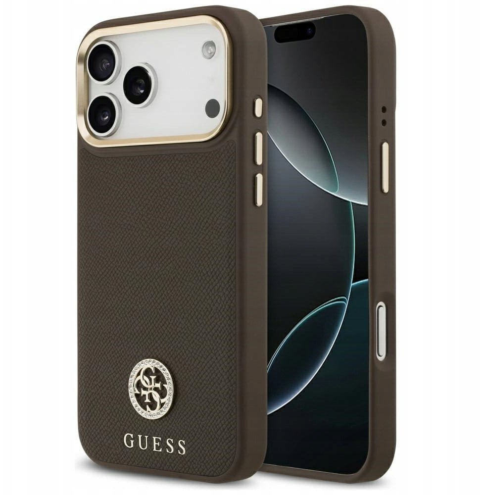 Etui Guess Grained Strass Logo MagSafe do iPhone 17 Pro Max brązowy