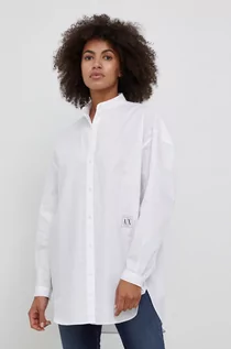 Koszule damskie - Armani Exchange Armani Exchange Koszula bawełniana damska kolor biały relaxed ze stójką - grafika 1