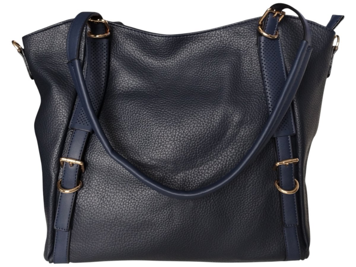 Duża Damska Shopperka na Ramię Miejska, Eko Skóra Groszkowa Ciemny Granat