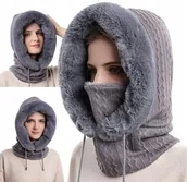 Czapki damskie - Kominiarka Damska Czapka Komin Z Futerkiem Ciepła Jednoczęściowa Na Zimę Szara - miniaturka - grafika 1