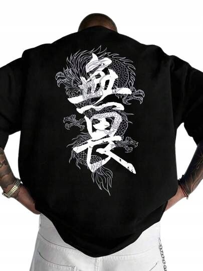 SHEIN CZARNY T SHIRT MĘSKI Z NADRUKIEM SMOK I NAPISEM 38 1KB