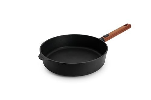 Woll Eco Logic QXR żeliwna patelnia z wysoką krawędzią – indukcyjna, Ø 28 cm, wysokość 7 cm, ze zdejmowanym, trwałym drewnianym trzonkiem – nadaje się do wszystkich rodzajów kuchenek, nie zawiera