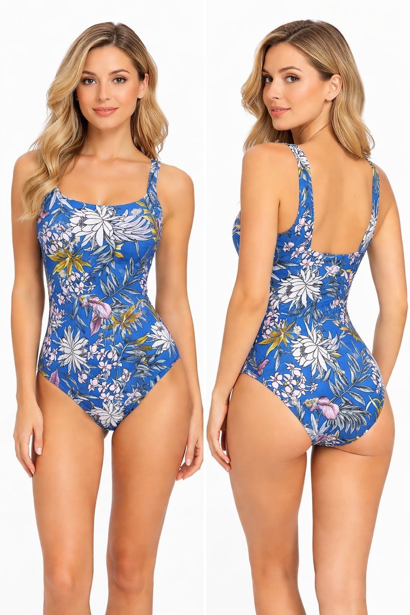 STRÓJ KĄPIELOWY DAMSKI JEDNOCZĘŚCIOWY KWIATY NIEBIESKI MODELUJĄCY