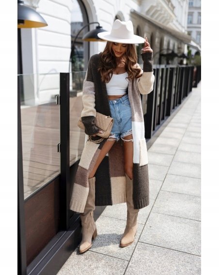 Długi Kardigan Sweter Royal Brąz Color Block Wełna Maxi Polski