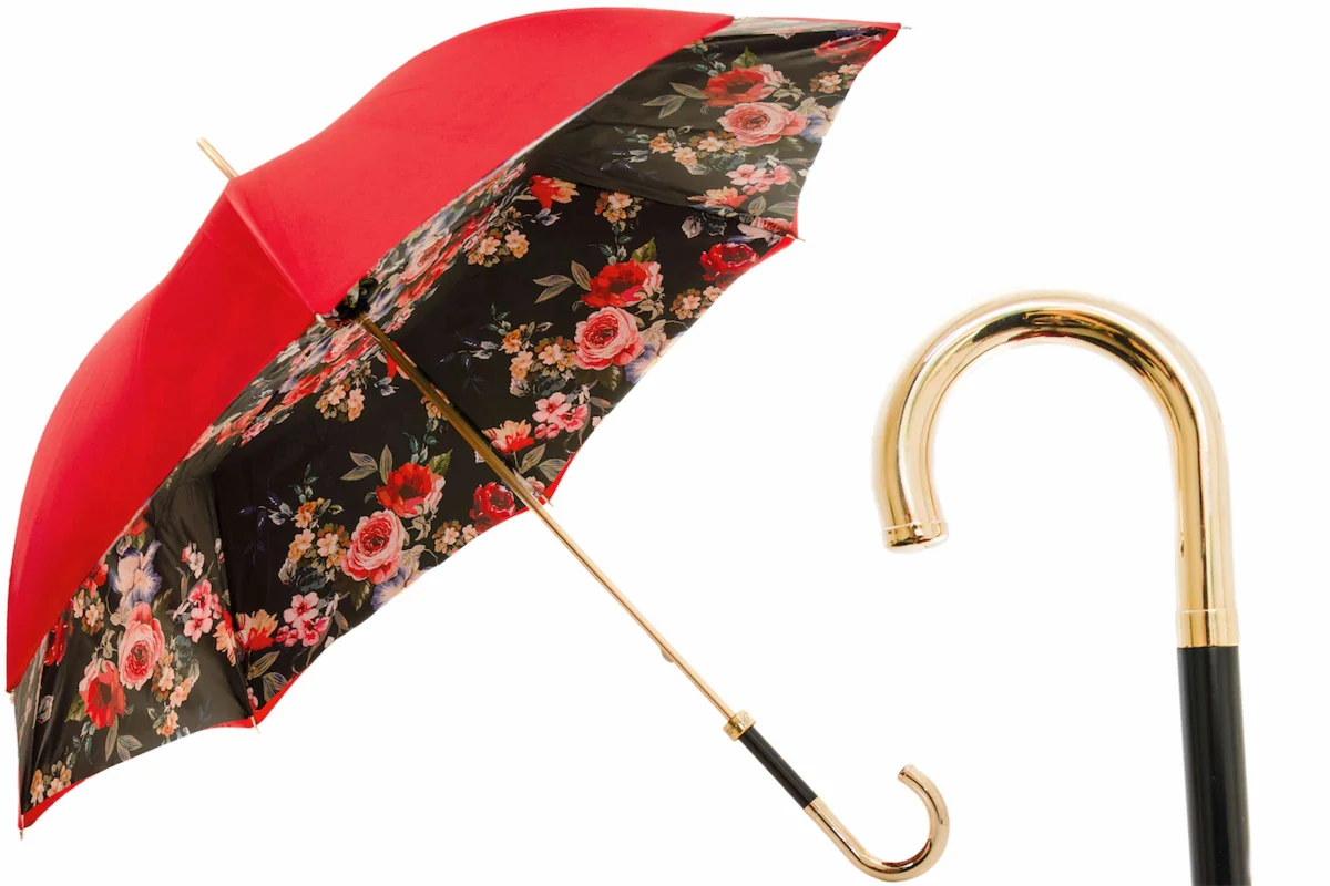 PASOTTI Parasol 93cm Czerwony Róże Podwójny Mosiądz Złoty LUX