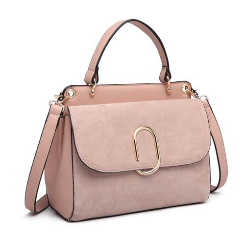 Miss Lulu Damska torba na ramię, średnia torebka z górnym uchwytem, ze sztucznej skóry i zamszu, w stylu vintage, klapa, torebka crossbody z owalną metalową dekoracją, elegancka i wykwintna, różowy