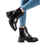 Botki damskie - Goodin Klasyczne Lakierowane Workery czarne - miniaturka - grafika 1