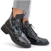 Botki damskie - S.Barski Skórzane Lakierowane Botki Damskie Ocieplane Na Zamek D&A LZ42-042 Czarno-Szare czarne - miniaturka - grafika 1