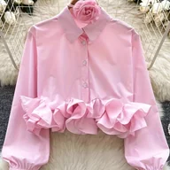 Koszule damskie - TEMU Elegancka Bluzka Damska z Krótkim Rękawem - Długi rąbek, Kołnierzyk i Mankiety w Falbankach, Jednokolorowa Koszula na Śluby, Przyjęcia & Biuro – - miniaturka - grafika 1