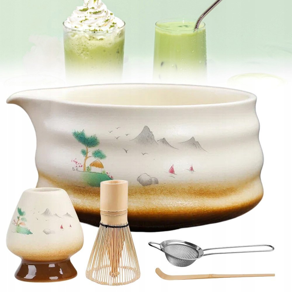 CERAMICZNY ZESTAW DO MATCHA BIAŁY Z BAMBUSOWĄ TRZEPACZKĄ I SITKIEM