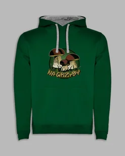 BLUZA Z KAPTUREM NA GRZYBY BOROWIKI Ciemnozielony M - Bluzy męskie - miniaturka - grafika 1
