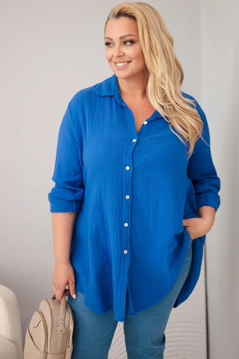 Koszula bawełniana muślinowa Plus Size chabrowa Chabrowy