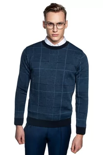 Swetry męskie - Sweter niebieski w kratę z wełną Recman GRILLONS - grafika 1