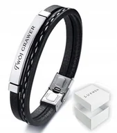 Bransolety męskie - Bransoletka Męska Skórzana Czarna Stal Z Grawerem - miniaturka - grafika 1