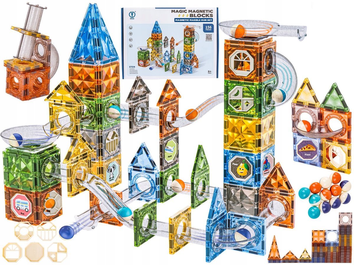 Klocki Magnetyczne Tęczowe Tor Kulkowy Zestaw Konstrukcyjny 156el. Kulodrom