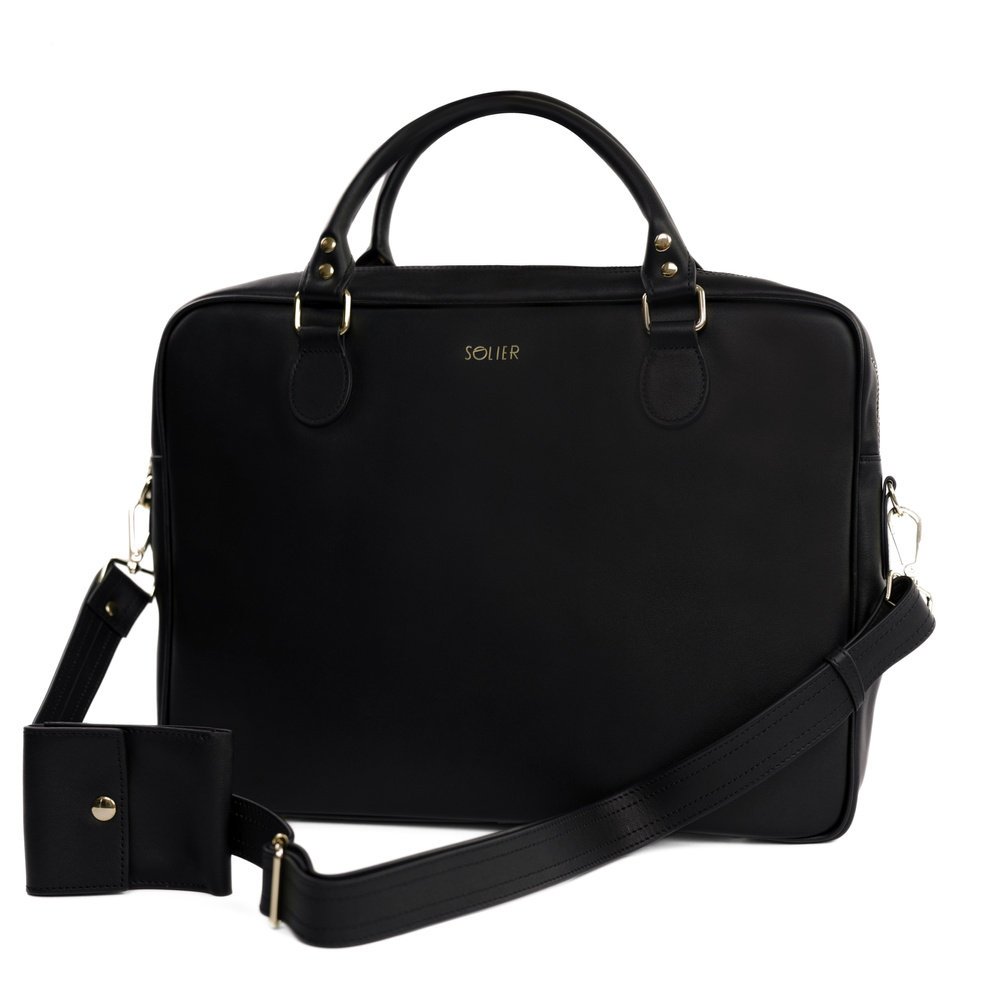 Torba damska skórzana na laptop Aktówka czarna do ręki na ramię, Solier FL24