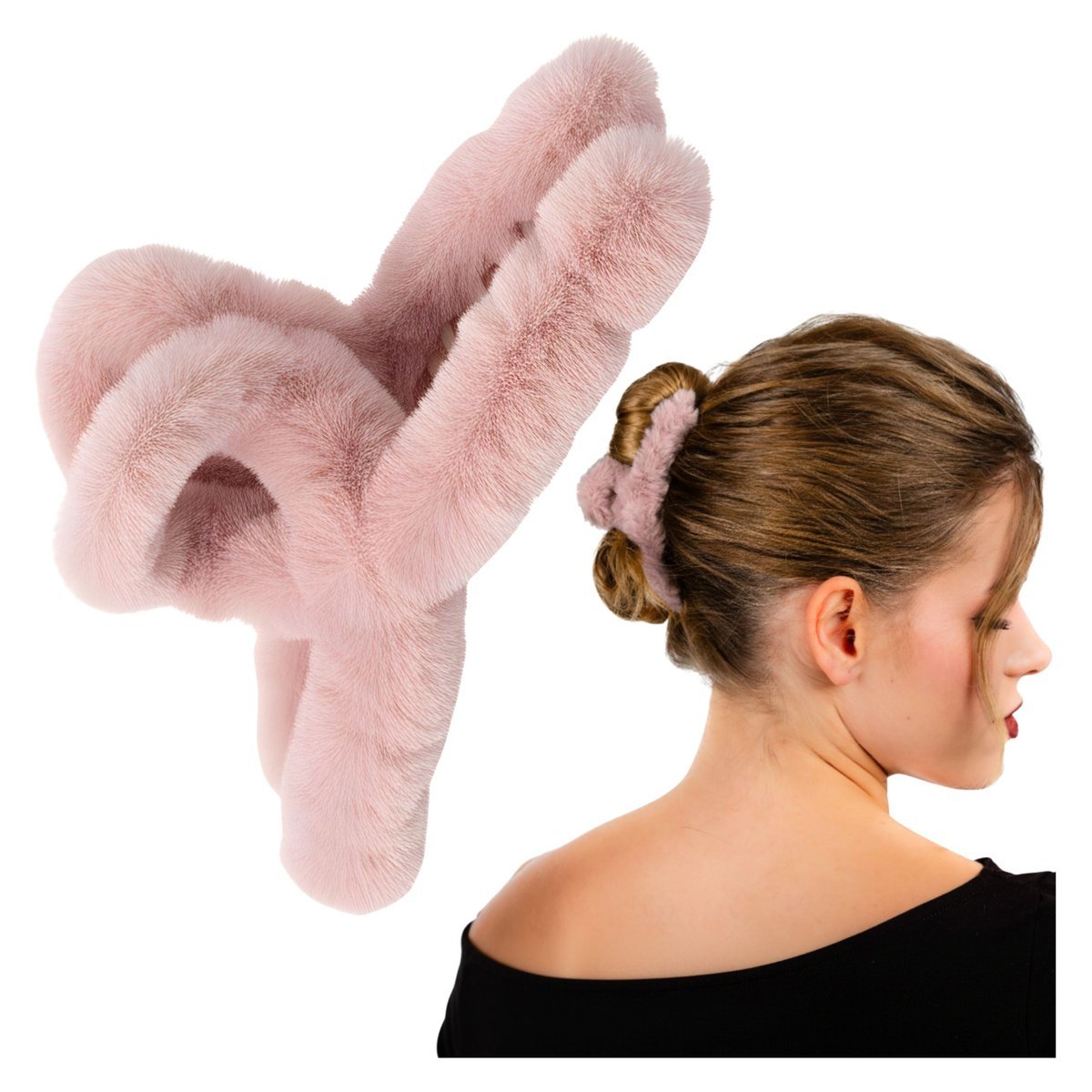 Klamra do Włosów Różowa Duża z Futerkiem Pluszowa Długa Zimowa Puszysta