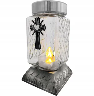 Znicz solarny fotowoltaiczny szklany z krzyżem ciepłe światło KWADRAT - Lampiony i znicze - miniaturka - grafika 1