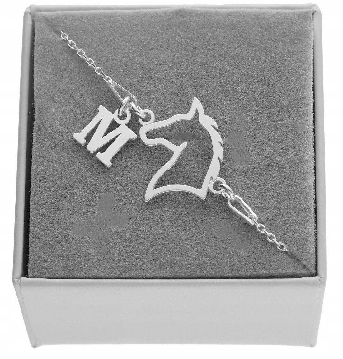 Srebrna bransoletka głowa konia koń konik litera LITERKA PUDEŁKO SREBRO 925