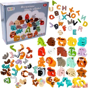 Drewniane Klocki Edukacyjne Alfabet Zwierzątka Drewniana Układanka Montessori - Nauka Liter Alfabetu - Dopasuj Połącz Puzzle - Układanki dla dzieci - miniaturka - grafika 1