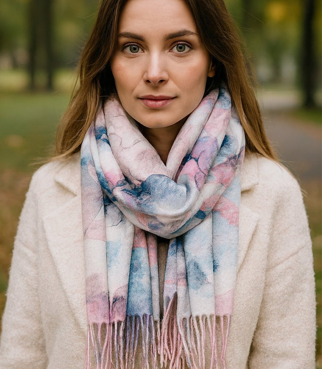 Szal damski z motywem akwarelowych kwiatów frędzle