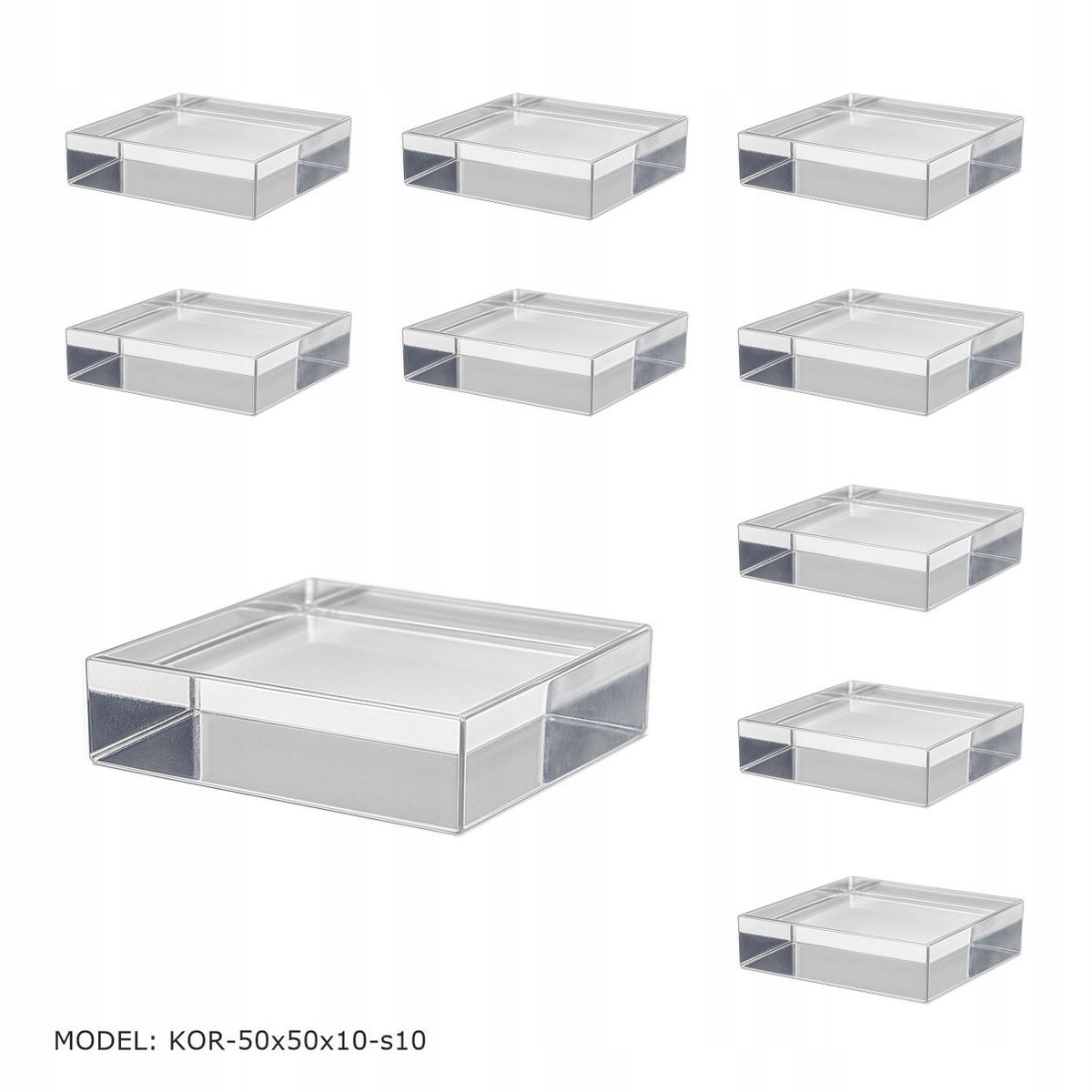 Stojak, Ekspozytor na kosmetyki, Kostka z plexi 50x50x10, ostre rogi 10 szt