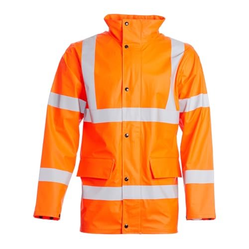 Blackrock Rail Industry Pomarańczowa kurtka przeciwdeszczowa powlekana PU Hi Vis, lekka wodoodporna odzież robocza, odblaskowy płaszcz przeciwdeszczowy o wysokiej widoczności, rozmiar L