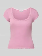 Koszulki i topy damskie - damski t-shirt o kroju slim fit z mieszanka wiskozy z obszycie koronką - miniaturka - grafika 1