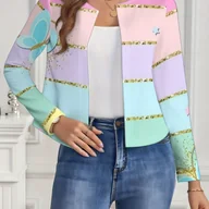 Kurtki damskie - TEMU Damski pastelowy kardigan w paski z pastelowych odcieniach różowego, miętowej, lawendowej, żółtej, brązowej, złotej, fioletowej i różowej - miniaturka - grafika 1