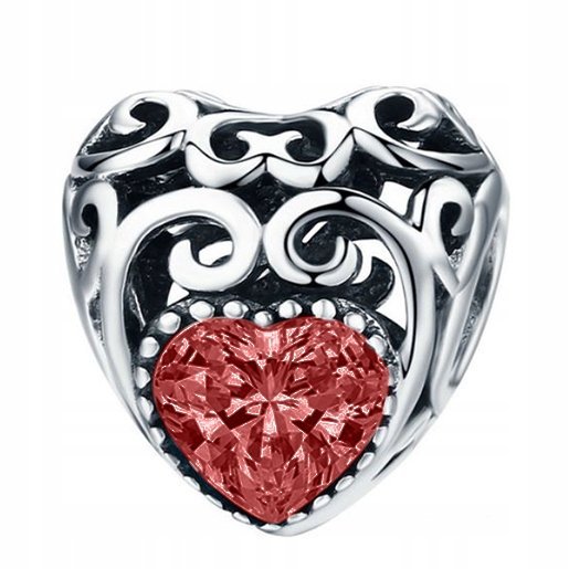 Charms Srebrny Bordowy Kamień Kryształ Czerwony Serce Cyrkonia SREBRO 925