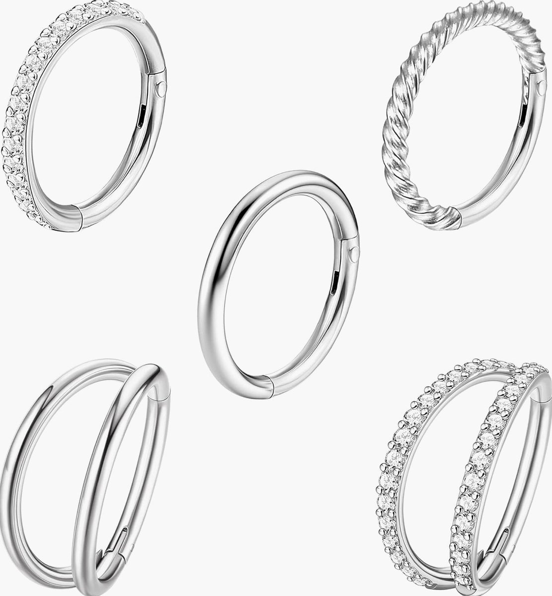 PIERŚCIONKI 5 SZTUK 18G 16G 8MM 10MM STALOWE CYRKONIE KOLCZYKI OKRĄGŁE