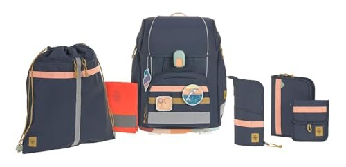 LÄSSIG 7-częściowy zestaw plecaków szkolnych dla dzieci/zestaw szkolny Boxy Unique Dark Blue Ocean Edition, Ciemnoniebieski, nowoczesny