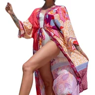 Bluzki damskie - Pareo kolorowe długa narzutka plażowa tunika z paskiem - miniaturka - grafika 1