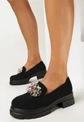 Mokasyny damskie - Czarne Mokasyny z Biżuteryjnymi Kryształkami Elinare - miniaturka - grafika 1