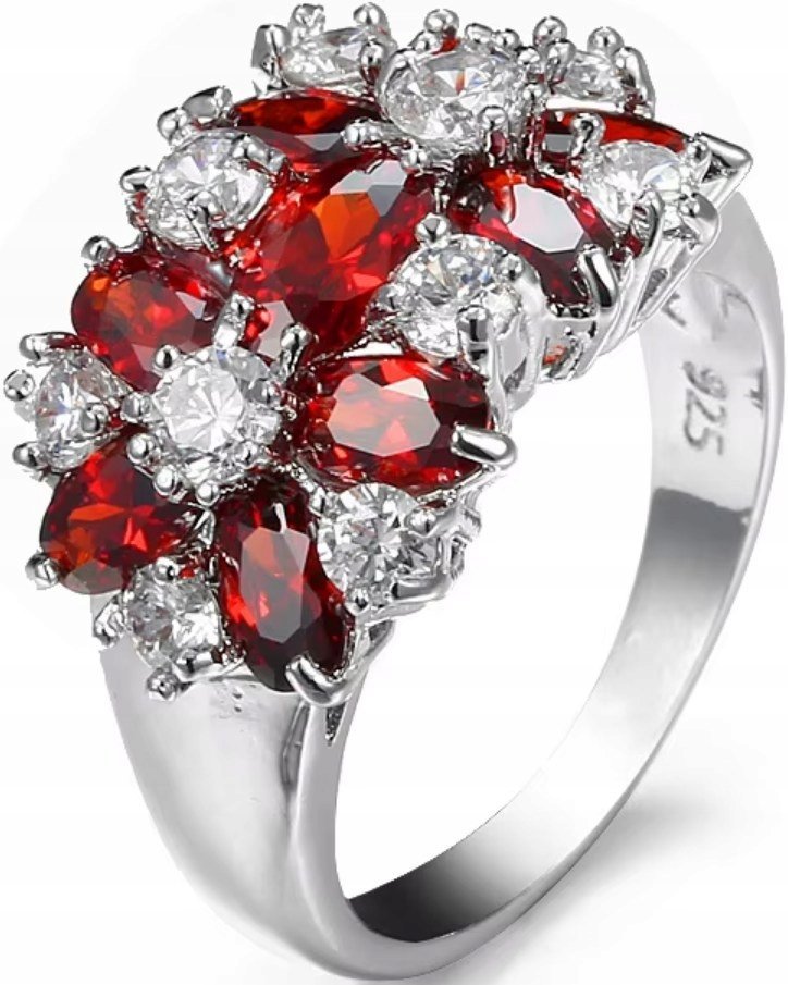 Srebrny Pierścionek z Rubinami Cyrkoniami Kwiaty Stal Chirurgiczna