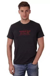 Koszulki męskie - Grafitowa Koszulka Męska z Nadrukiem, Krótki Rękaw, Just Yuppi, Melanżowy T-shirt w Czerwone Napisy - grafika 1