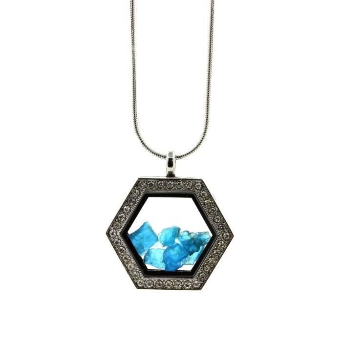 Naszyjnik z surowego neonowoniebieskiego apatytu - ABIJOUX - Sześciokąt - Stal nierdzewna - Szkło float - Kryształ