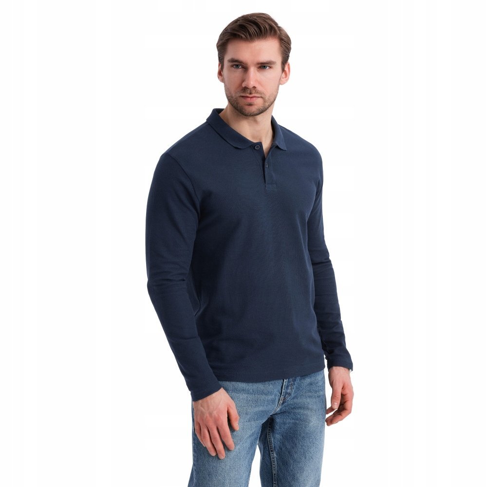 Męski longsleeve basic z kołnierzykiem polo granatowy OM-POBL-0114 V3 r M