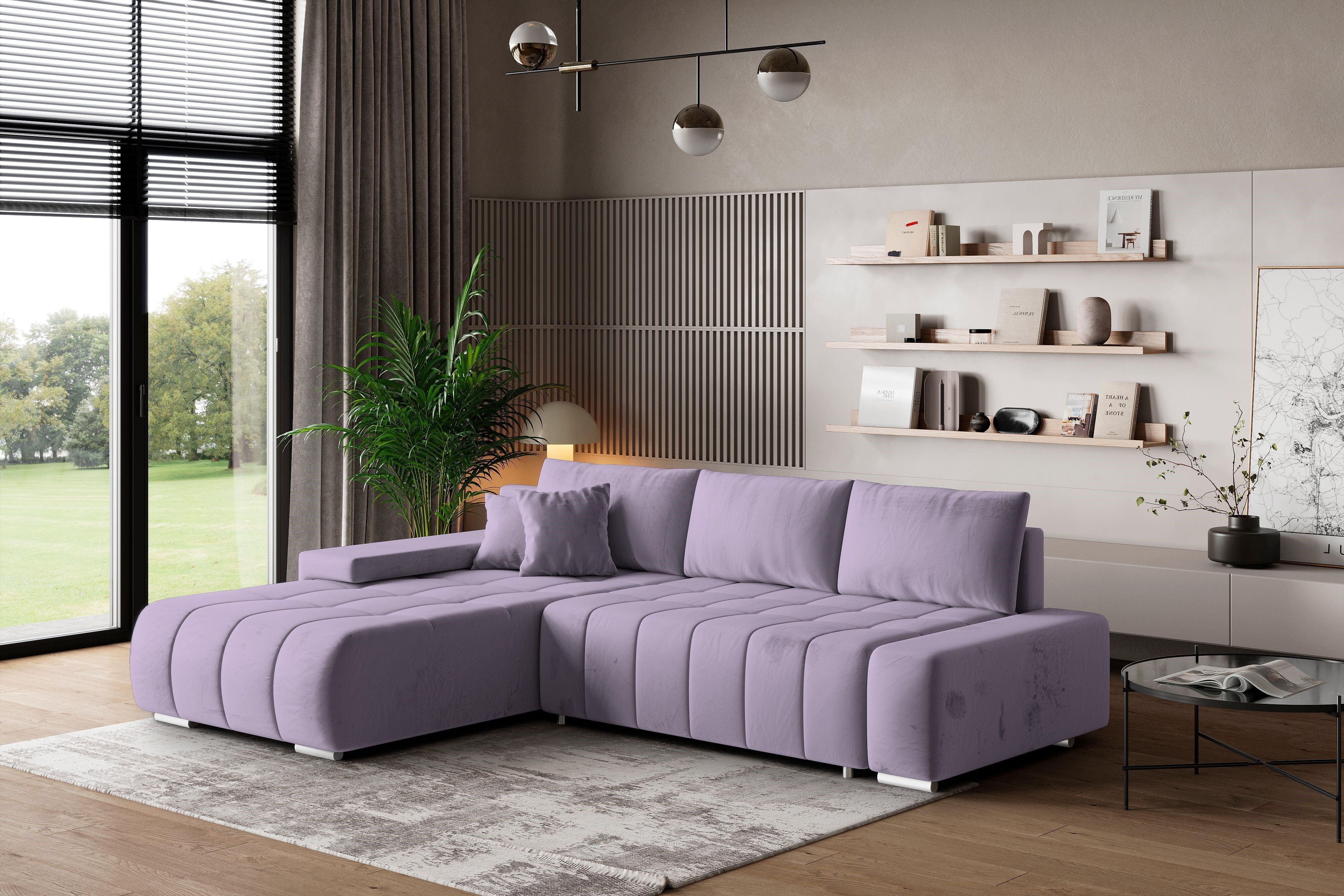 Masseno Narożnik ALESE L-S z funkcją spania i pojemnikiem na pościel Kształt L, Rozkładana sofa, Rogówka - Pudrowy róż, MONOLITH 62