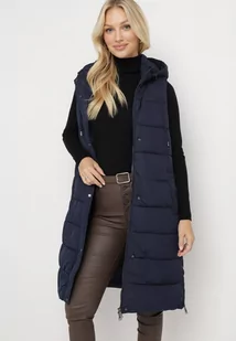 Granatowa Długa Kamizelka Bezrękawnik z Klasycznym Pikowaniem i Kapturem Shin - Kamizelki damskie - miniaturka - grafika 1