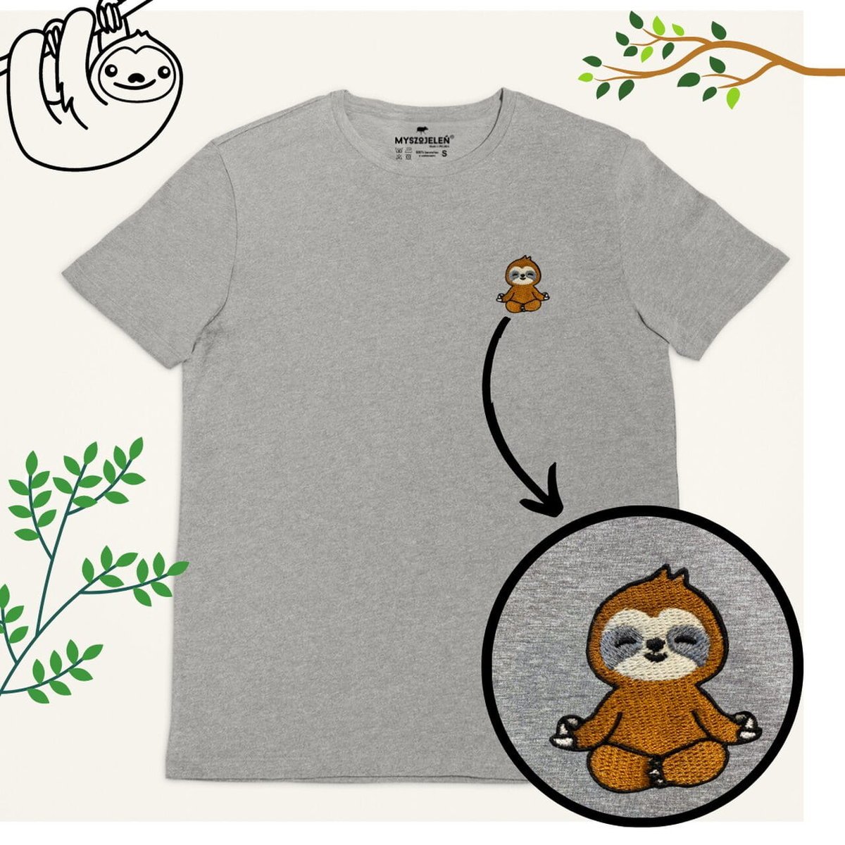 Haftowany T-shirt - LENIWIEC - szary 2XL