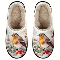 Kapcie damskie - TEMU Damskie Przytulne Kapcie Wsuwane z Nadrukiem Ptaków i Gili – Miękka Flanelowa Cholewka i Antypoślizgowa Gumowa Podeszwa, Całoroczne do Domu i na - miniaturka - grafika 1