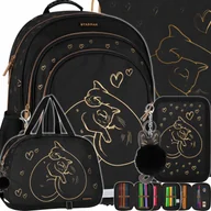 Torebki damskie - Plecak Szkolny Dla Dziewczynki Czarny Złoty Kot Torba Piórnik Trzykomorowy - miniaturka - grafika 1